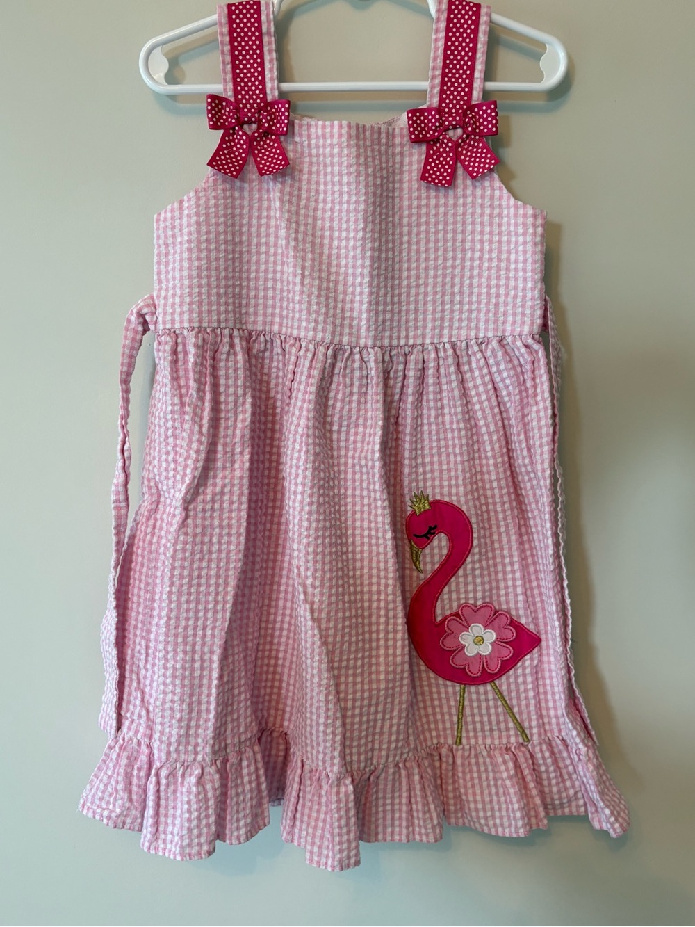 Girls Counting Daisies Pink Flamingo Seersucker Dress